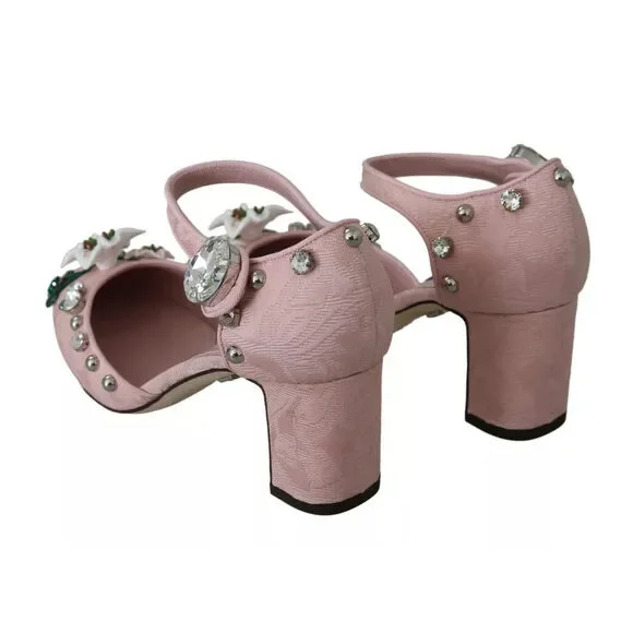 Dolce & Gabbana Pink Brocade Crystal Lily Ankle Strap Shoes
